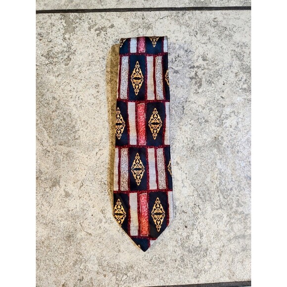 DeSantis Collection Men's Neck Tie Silk Hand Made In Italy Black Red Gold - Picture 2 of 6
